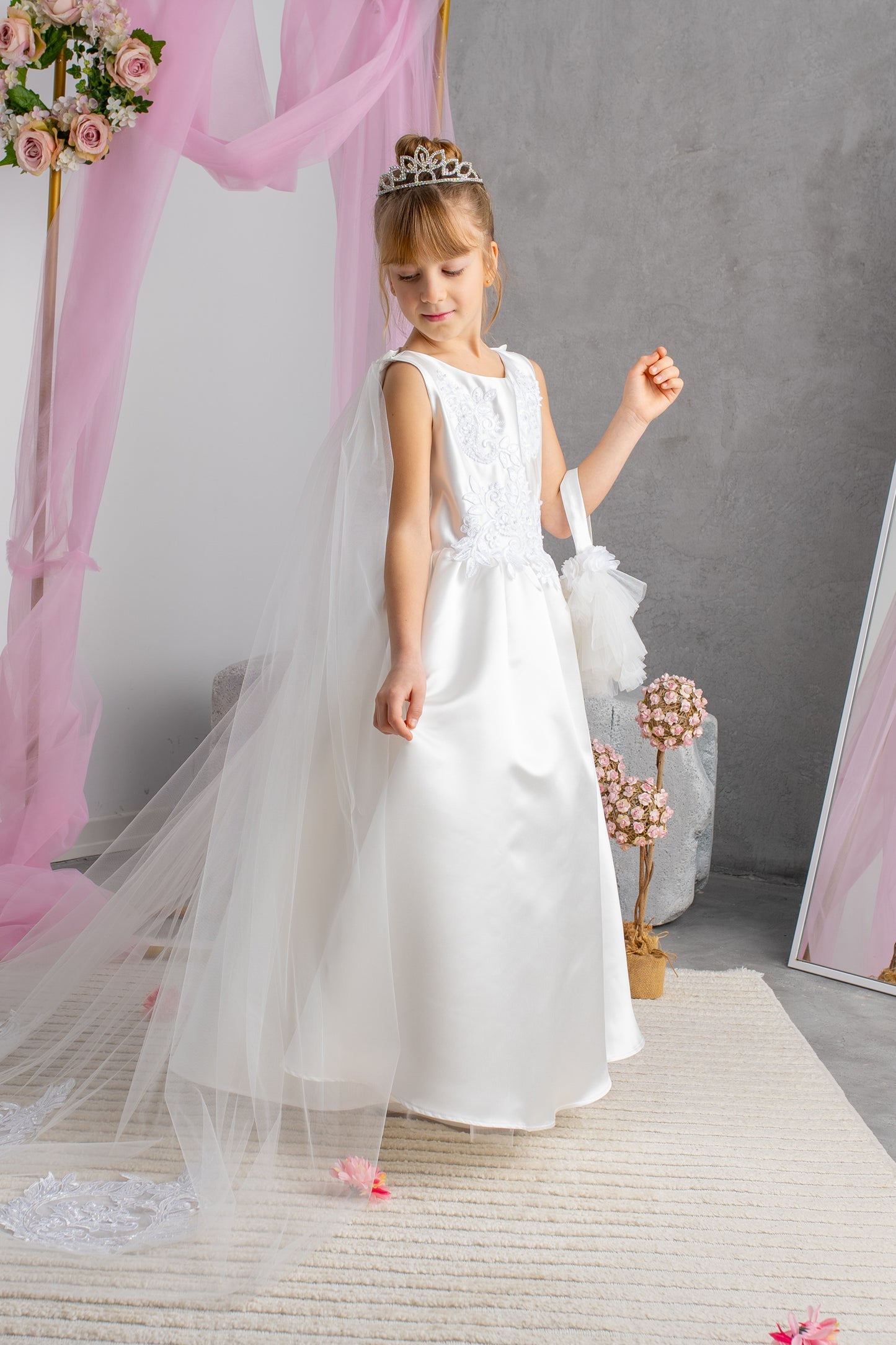White Satin Flower Girl Dress: Tulle Cape, Lace Appliqués & Handbag