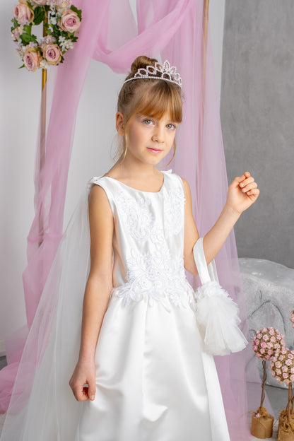 White Satin Flower Girl Dress: Tulle Cape, Lace Appliqués & Handbag