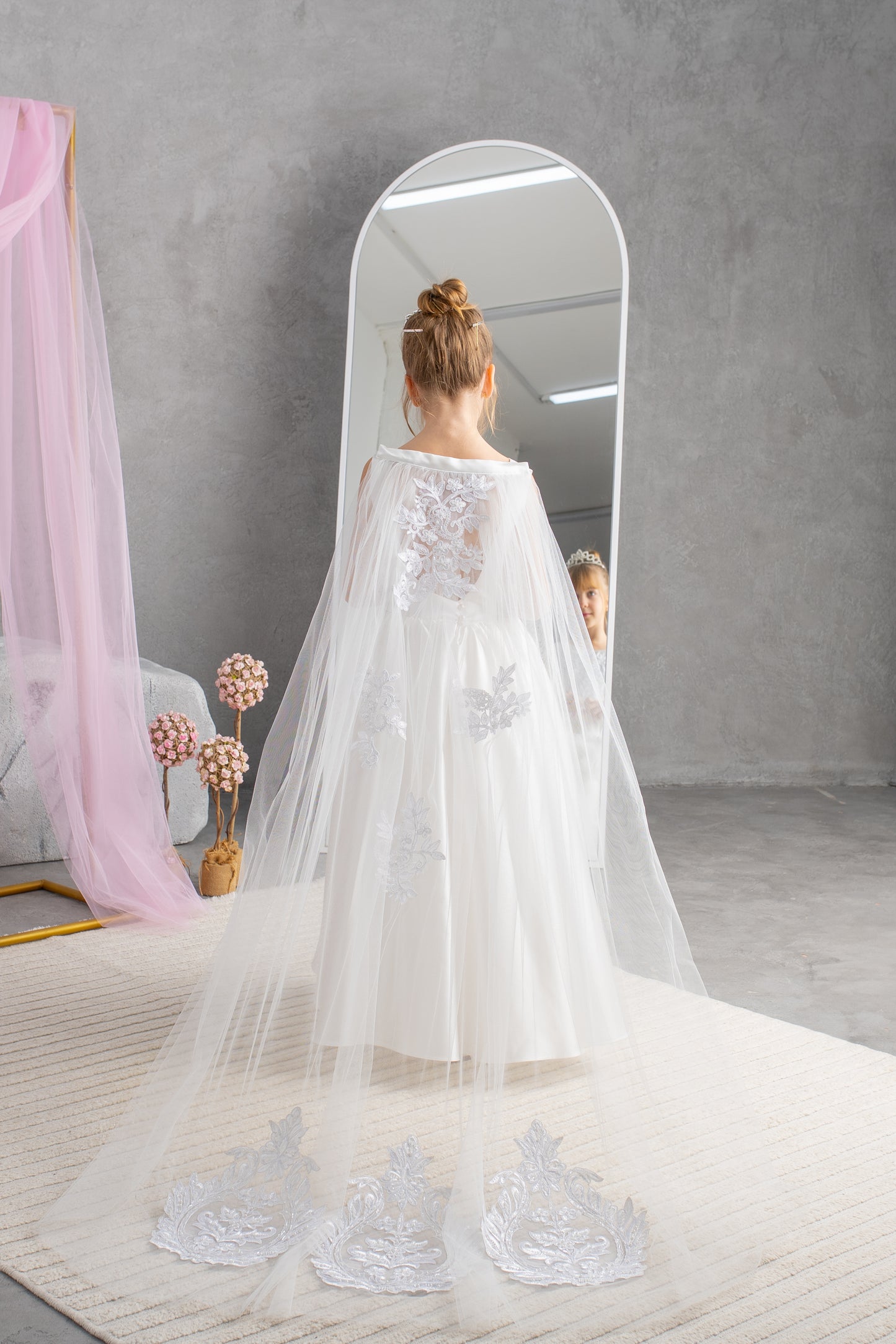 White Satin Flower Girl Dress: Tulle Cape, Lace Appliqués & Handbag