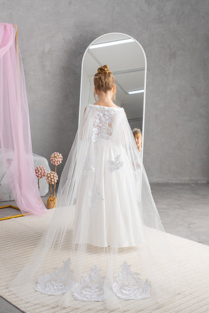 White Satin Flower Girl Dress: Tulle Cape, Lace Appliqués & Handbag