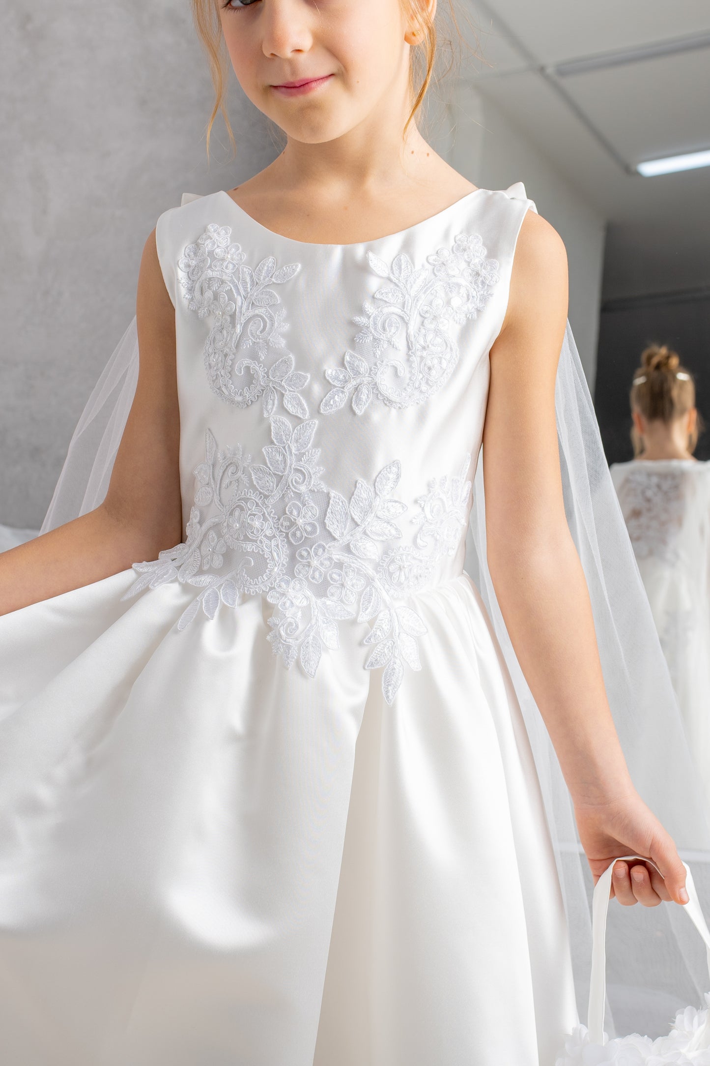 White Satin Flower Girl Dress: Tulle Cape, Lace Appliqués & Handbag