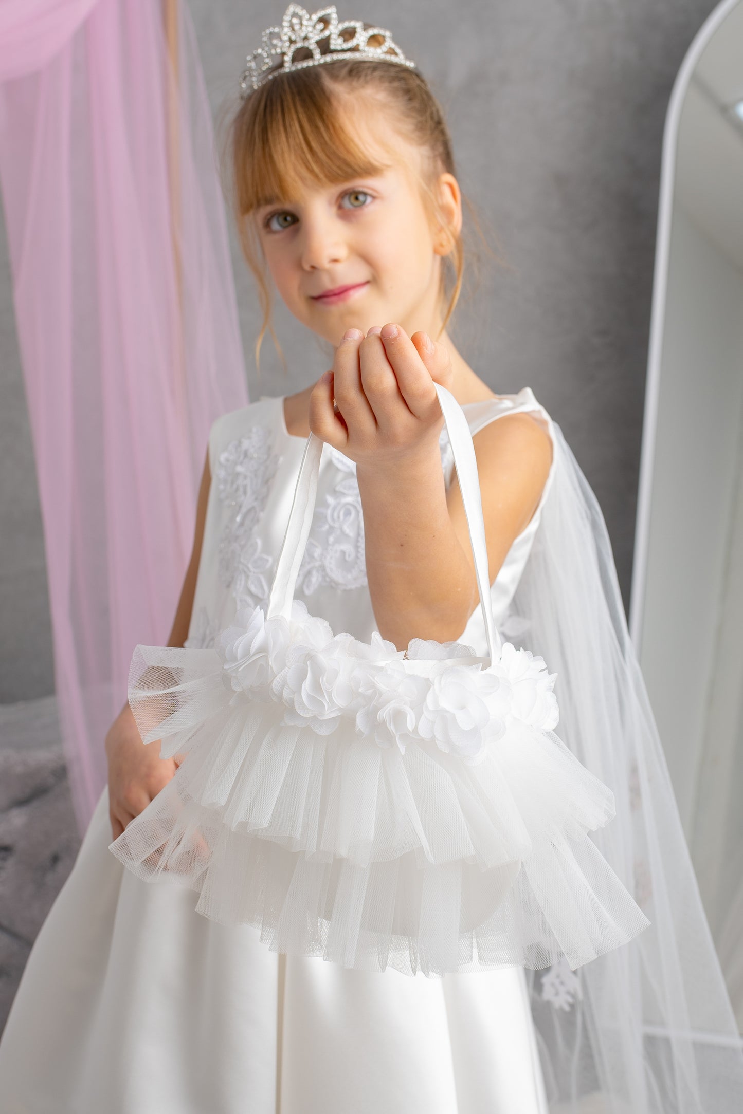 White Satin Flower Girl Dress: Tulle Cape, Lace Appliqués & Handbag