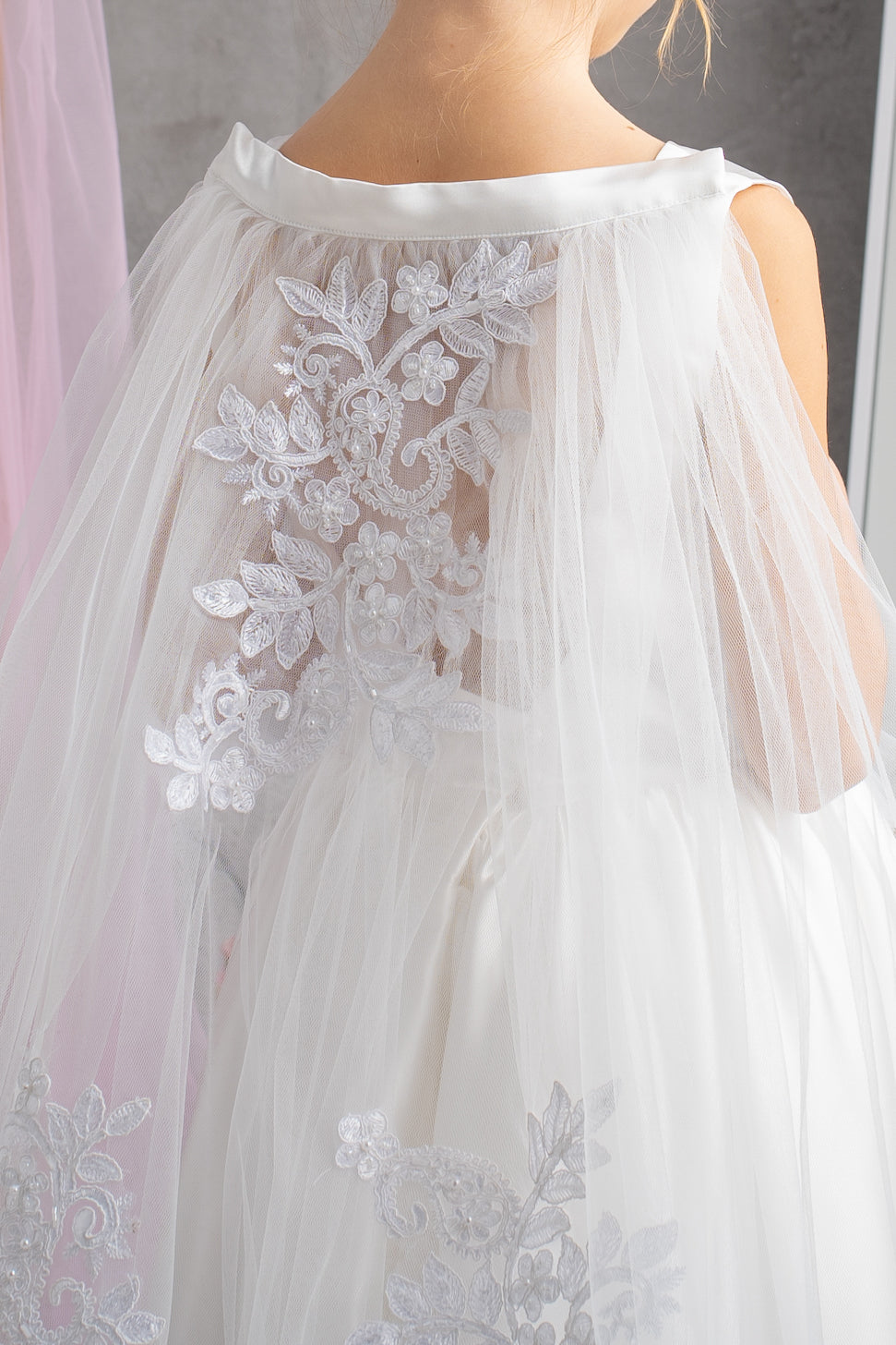 White Satin Flower Girl Dress: Tulle Cape, Lace Appliqués & Handbag