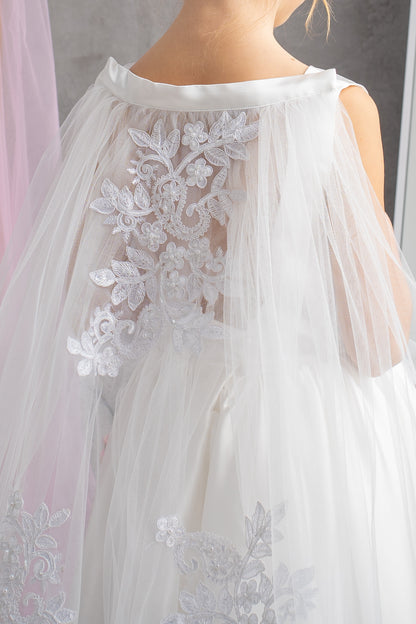 White Satin Flower Girl Dress: Tulle Cape, Lace Appliqués & Handbag