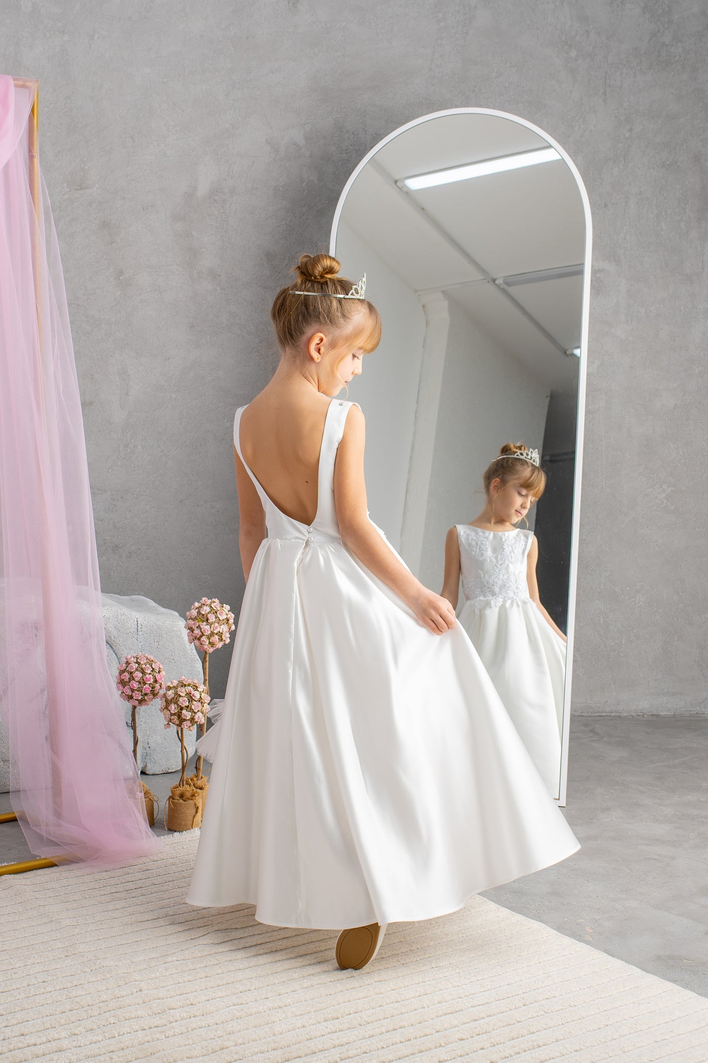 White Satin Flower Girl Dress: Tulle Cape, Lace Appliqués & Handbag