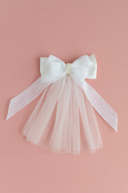 Pearl Tulle Dress: V-Neck Satin Bow Dress