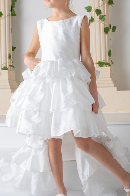 White Satin Flower Girl Dress: Detachable Train, V-Cut Back