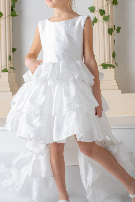 White Satin Flower Girl Dress: Detachable Train, V-Cut Back