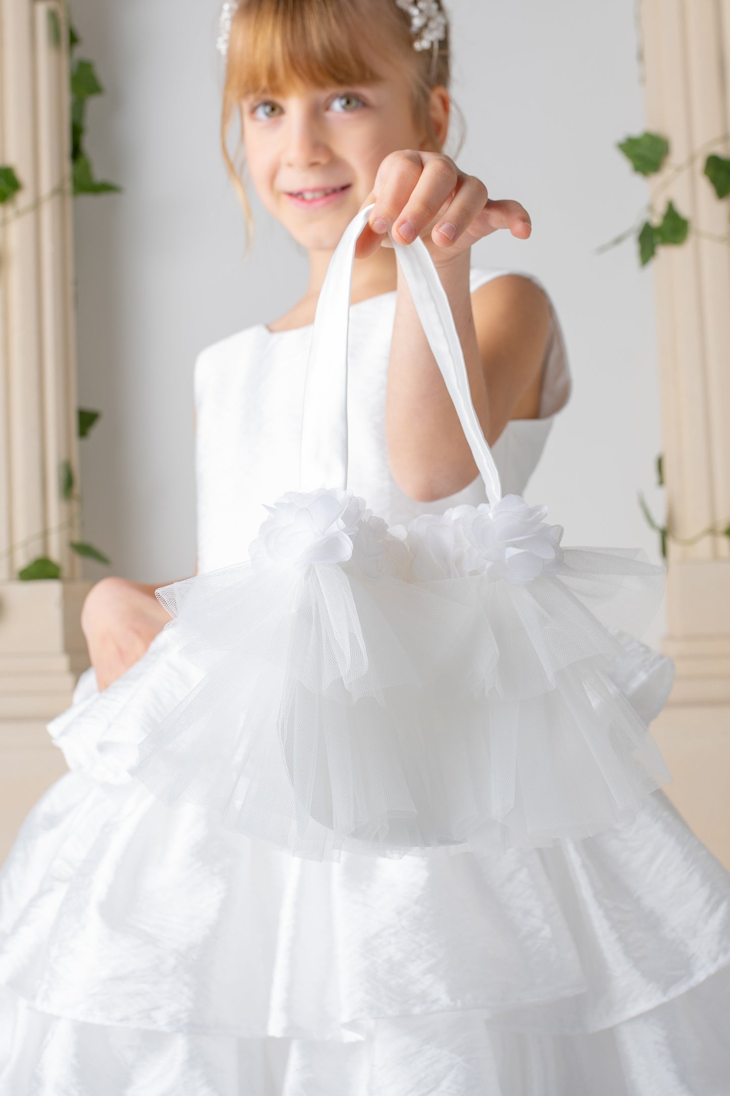 White Satin Flower Girl Dress: Detachable Train, V-Cut Back