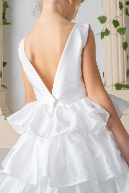 White Satin Flower Girl Dress: Detachable Train, V-Cut Back