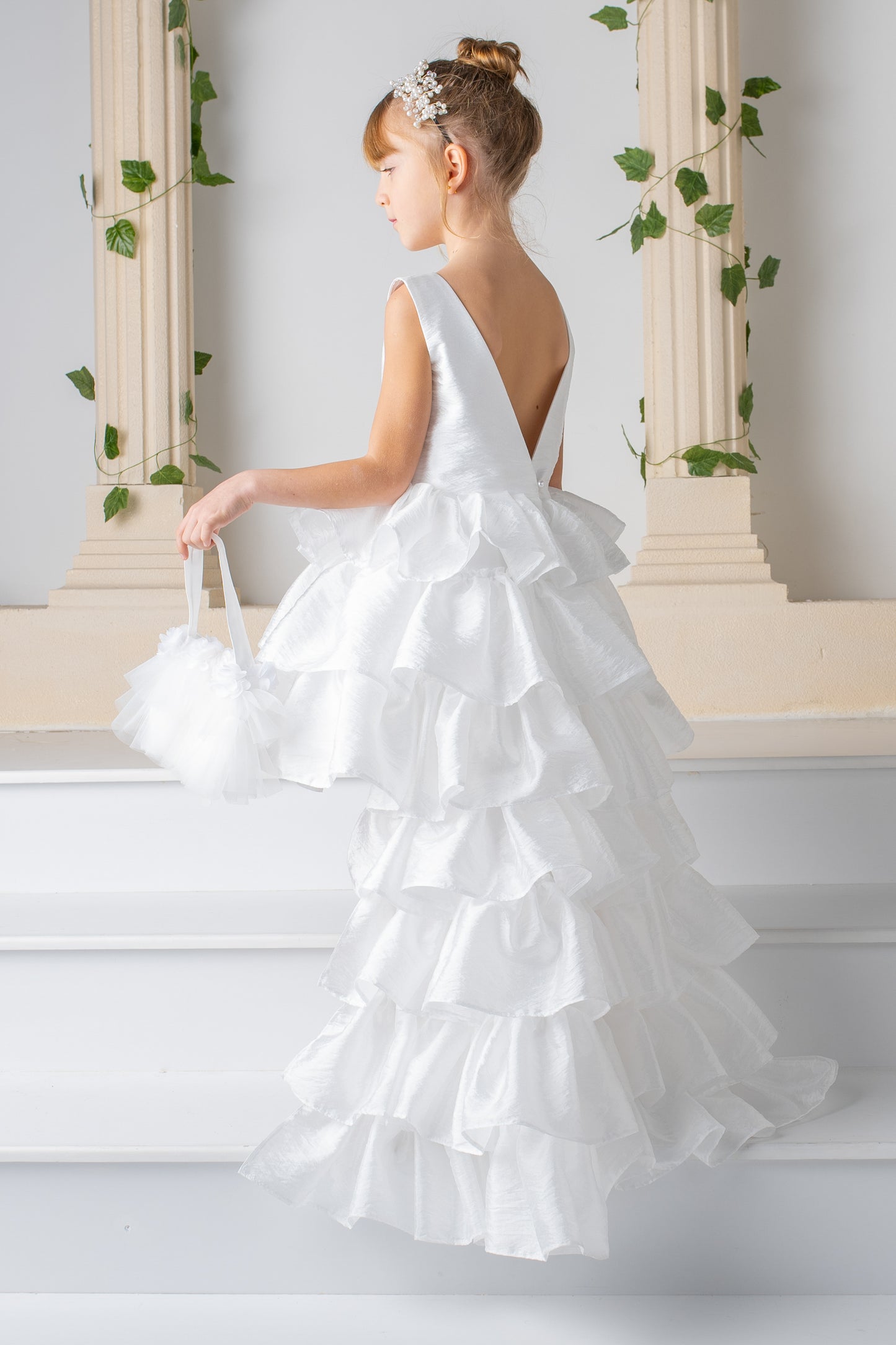 White Satin Flower Girl Dress: Detachable Train, V-Cut Back