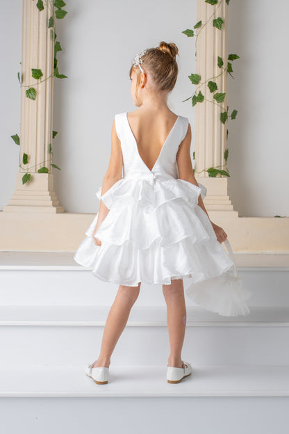 White Satin Flower Girl Dress: Detachable Train, V-Cut Back