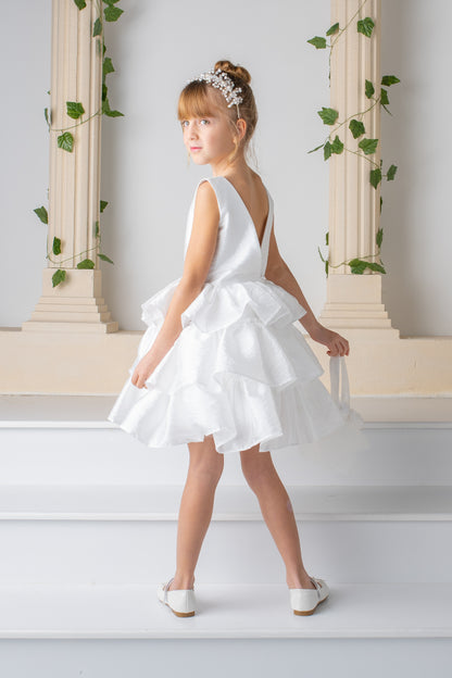 White Satin Flower Girl Dress: Detachable Train, V-Cut Back