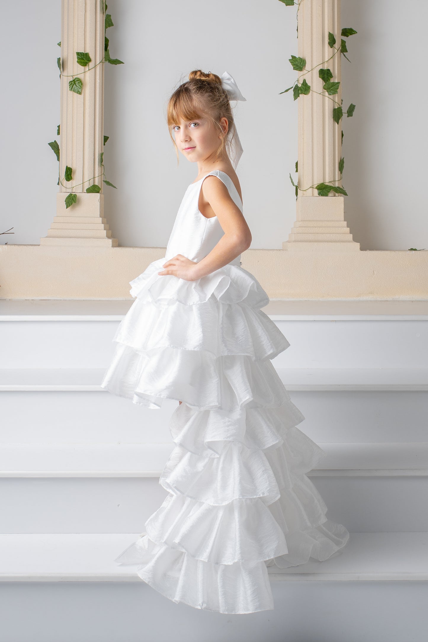 White Satin Flower Girl Dress: Detachable Train, V-Cut Back