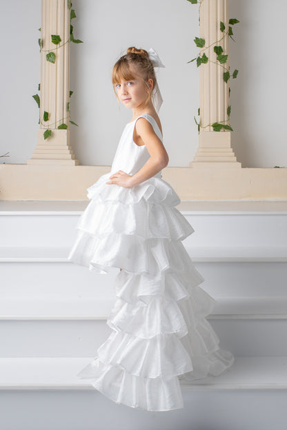White Satin Flower Girl Dress: Detachable Train, V-Cut Back