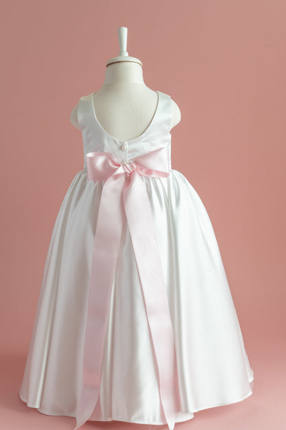 White Satin Flower Girl Dress: Big Bow, Floor Length