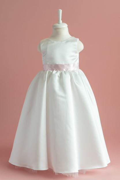 White Satin Flower Girl Dress: Big Bow, Floor Length