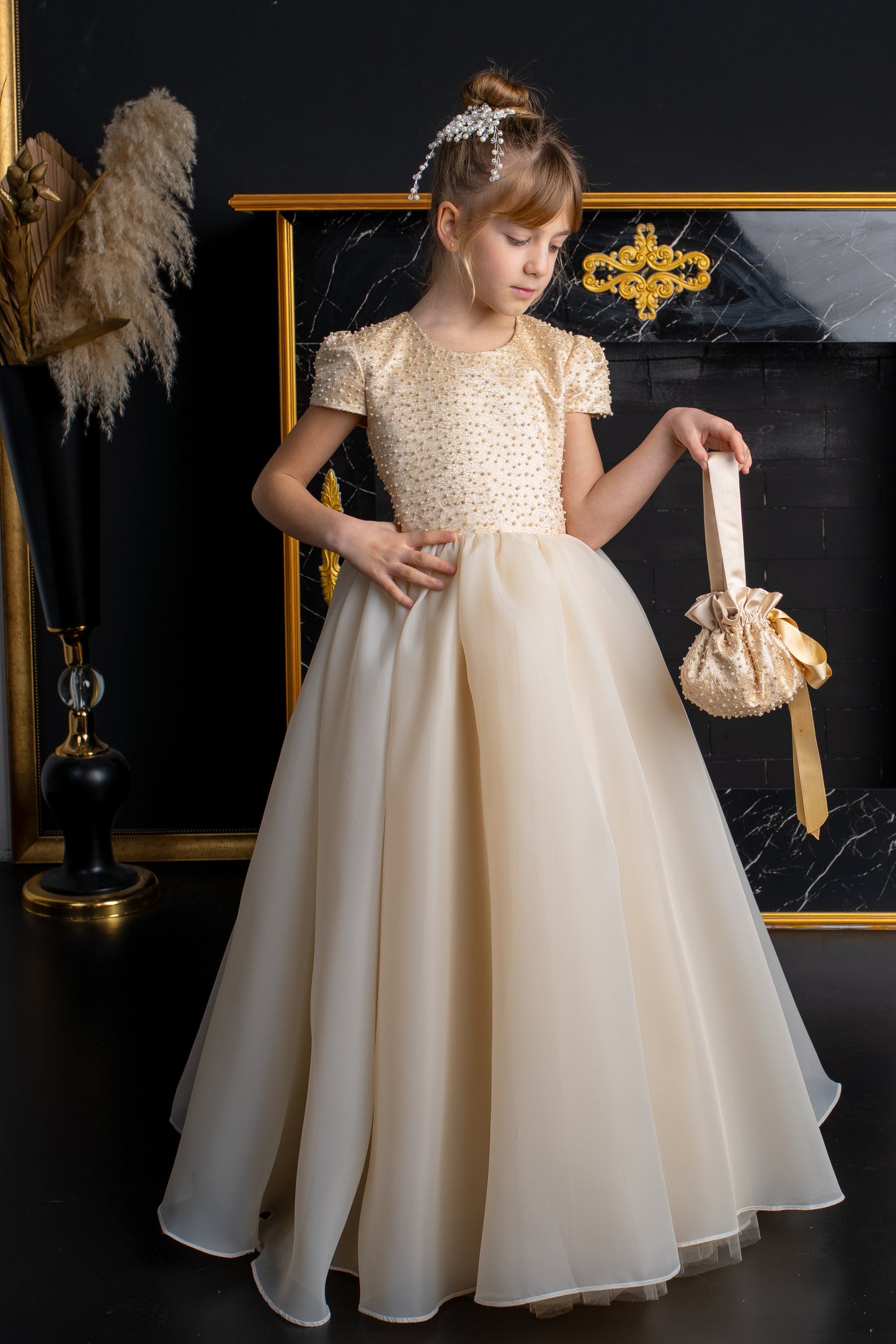 Champagne Dress with Pearls,Bows