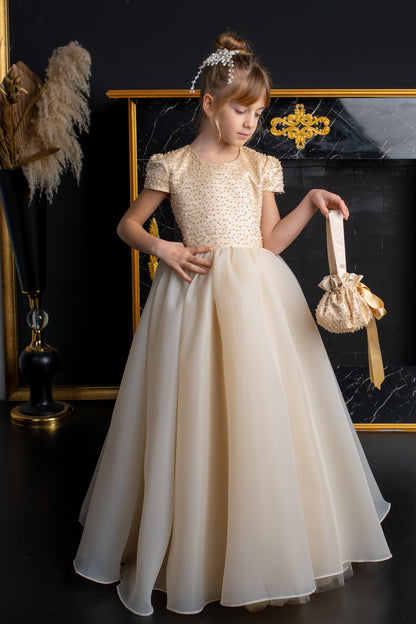 Champagne Dress with Pearls,Bows
