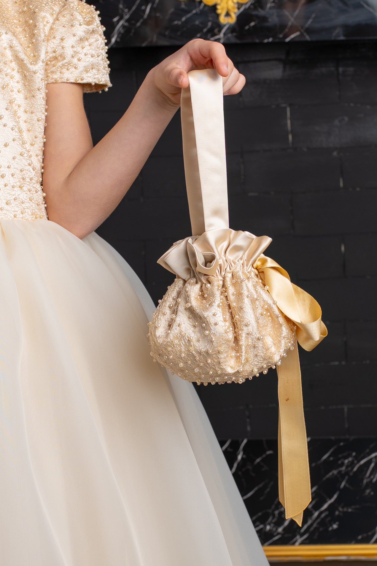 Champagne Pearl Embellished Flower Girl Dress