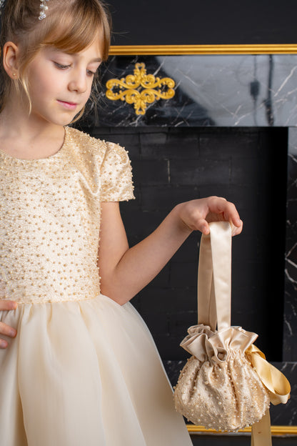 Champagne Dress with Pearls,Bows