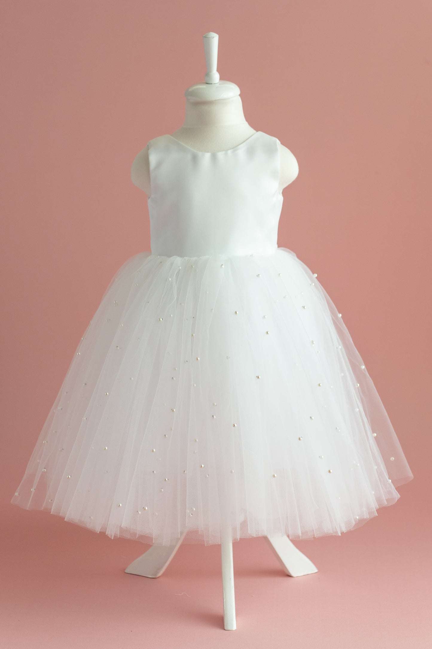 Pearl Tulle Dress: V-Neck Satin Bow Dress