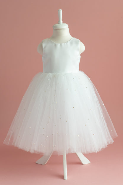 Pearl Tulle Dress: V-Neck Satin Bow Dress
