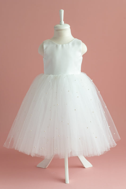Pearl Tulle Dress: V-Neck Satin Bow Dress