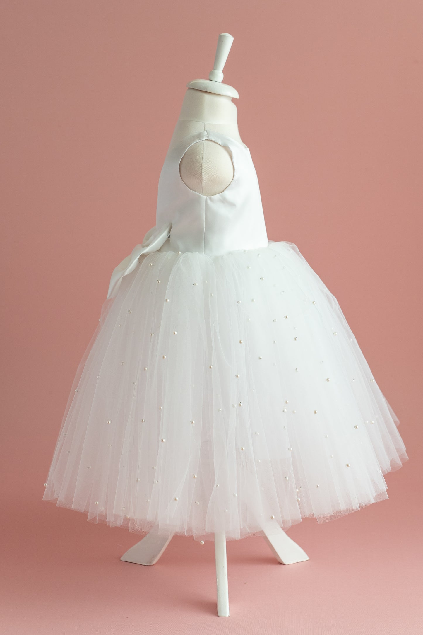 Pearl Tulle Dress: V-Neck Satin Bow Dress