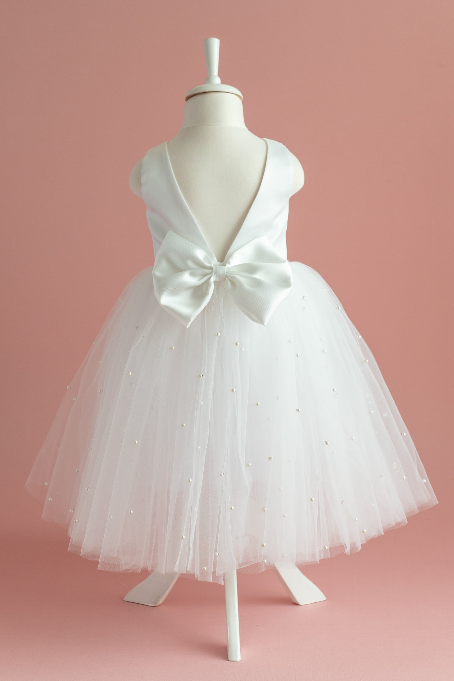 Pearl Tulle Dress: V-Neck Satin Bow Dress