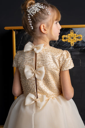 Champagne Pearl Embellished Flower Girl Dress