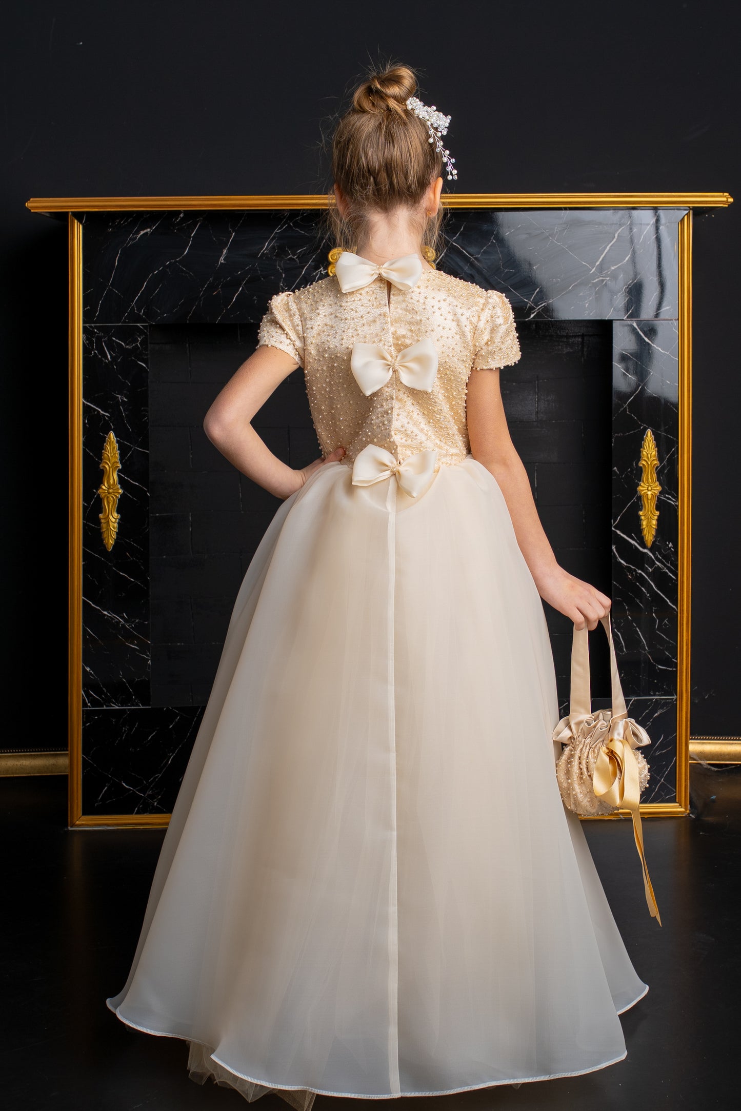 Champagne Dress with Pearls,Bows