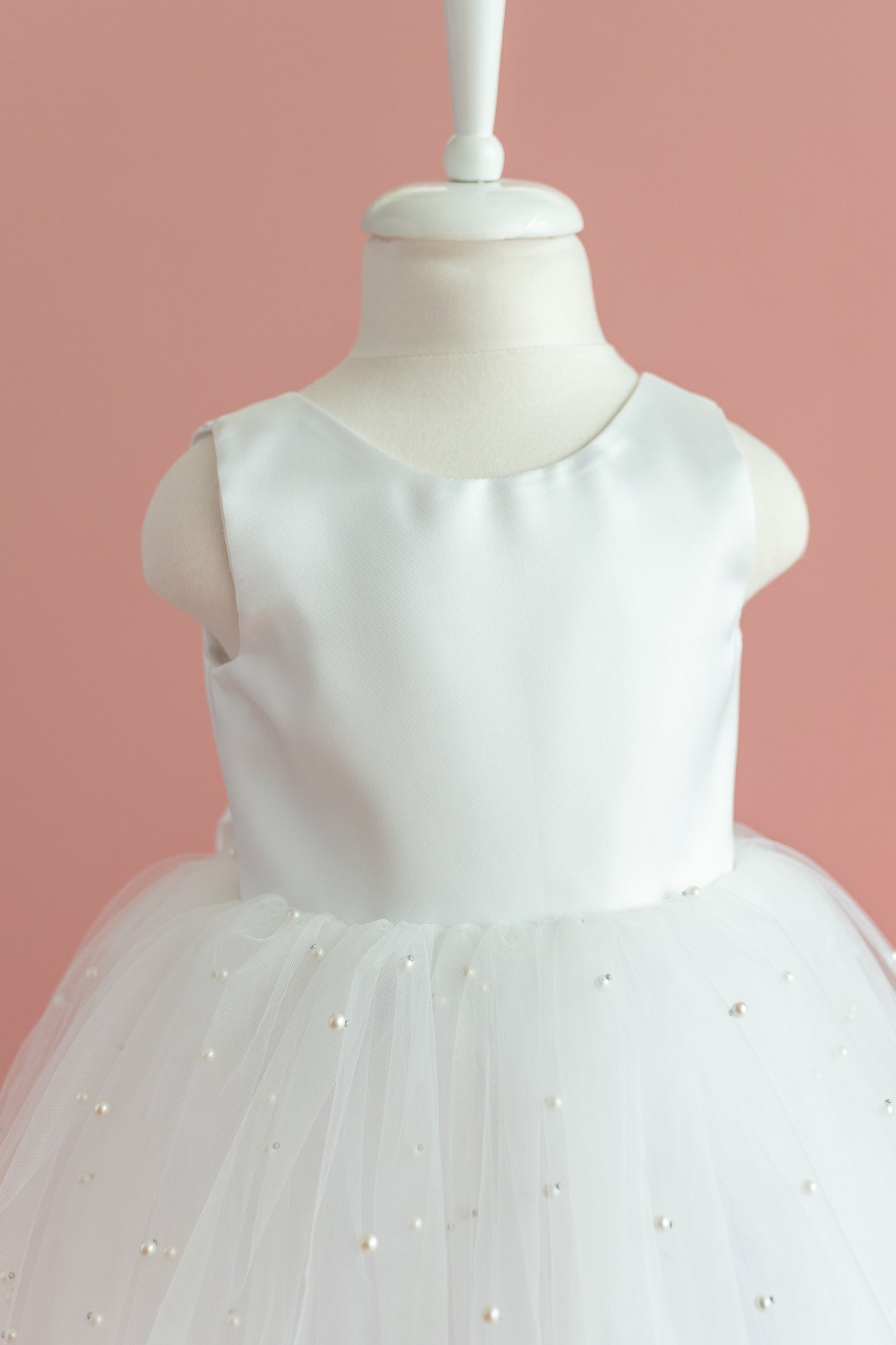 Pearl Tulle Dress: V-Neck Satin Bow Dress