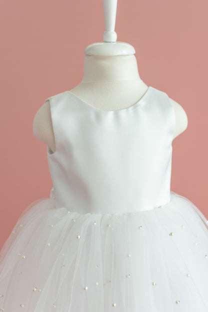 Pearl Tulle Dress: V-Neck Satin Bow Dress
