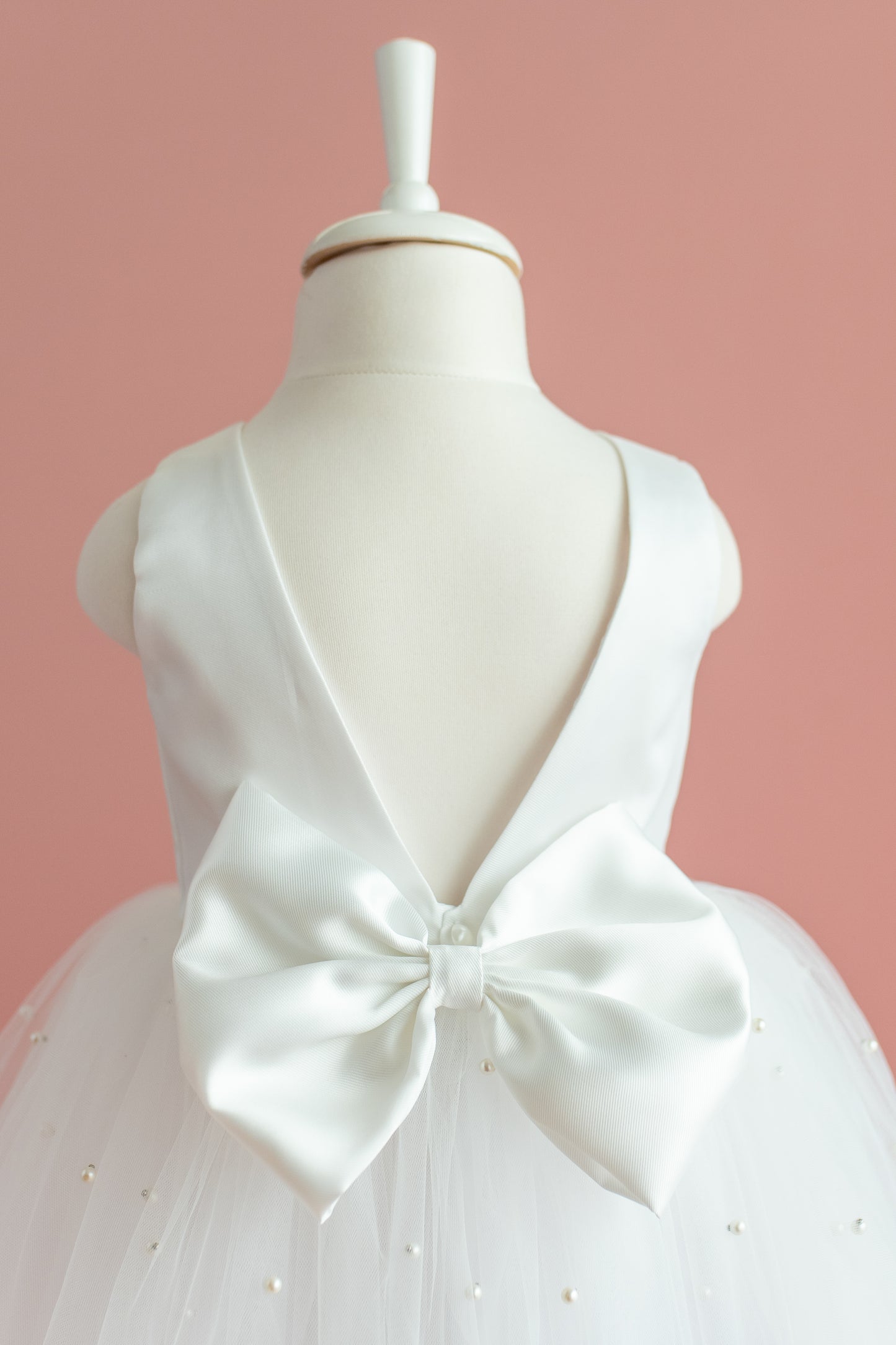 Pearl Tulle Dress: V-Neck Satin Bow Dress
