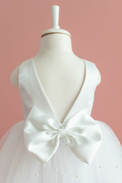 Pearl Tulle Dress: V-Neck Satin Bow Dress