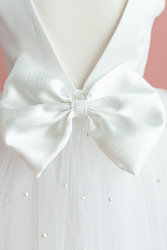 Pearl Tulle Dress: V-Neck Satin Bow Dress