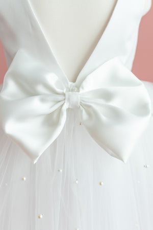 Pearl Tulle Dress: V-Neck Satin Bow Dress