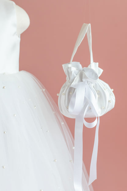 Pearl Tulle Dress: V-Neck Satin Bow Dress