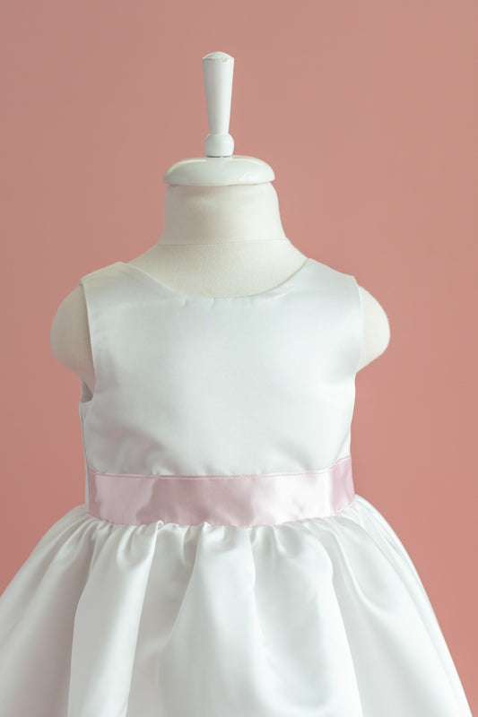 White Satin Flower Girl Dress: Big Bow, Floor Length
