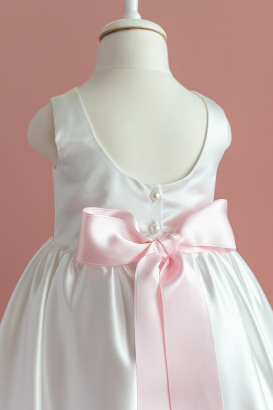 White Satin Flower Girl Dress: Big Bow, Floor Length