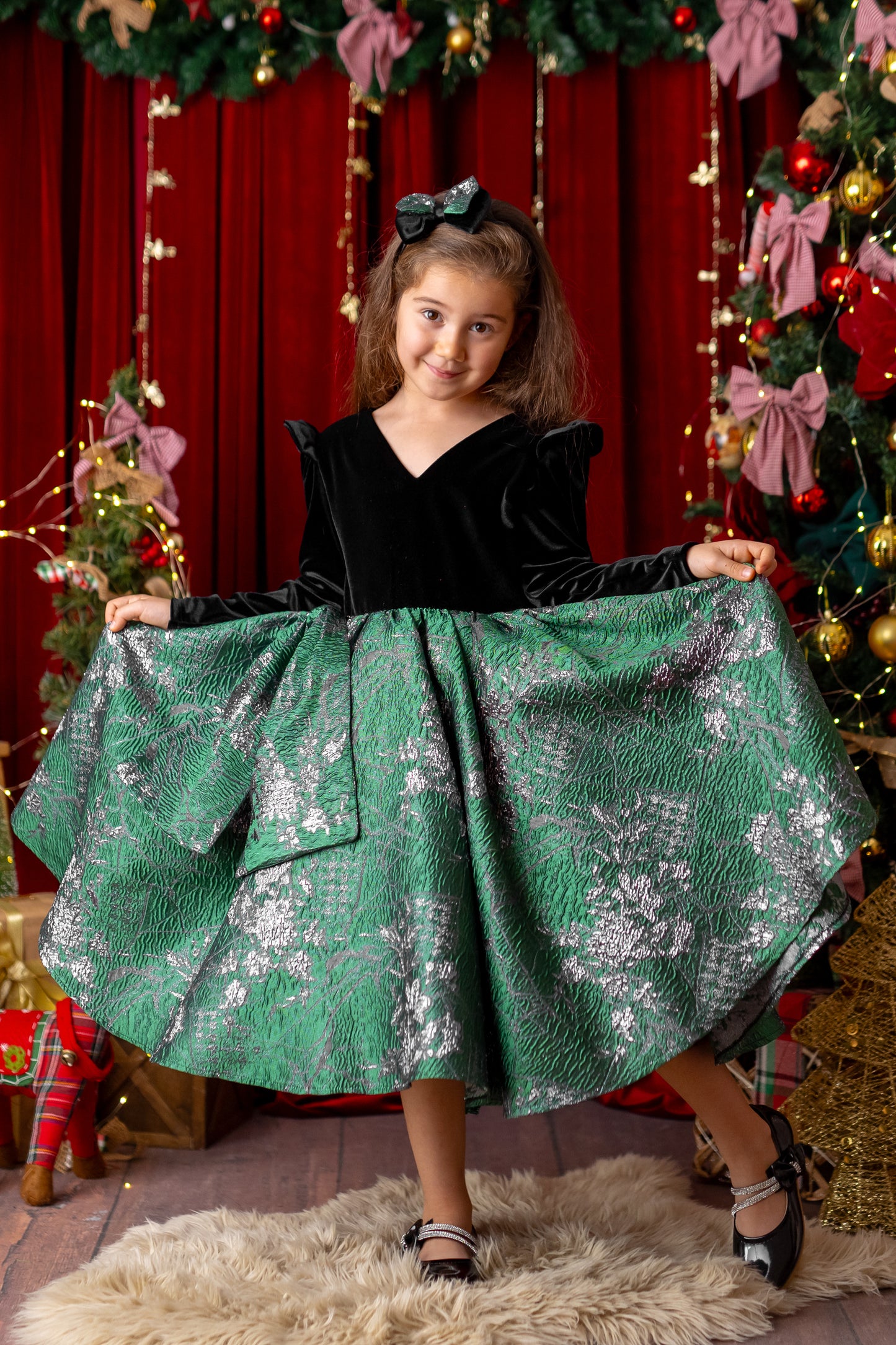 Emerald Green Christmas Dress, Velvet Brocade Flower Girl Dress