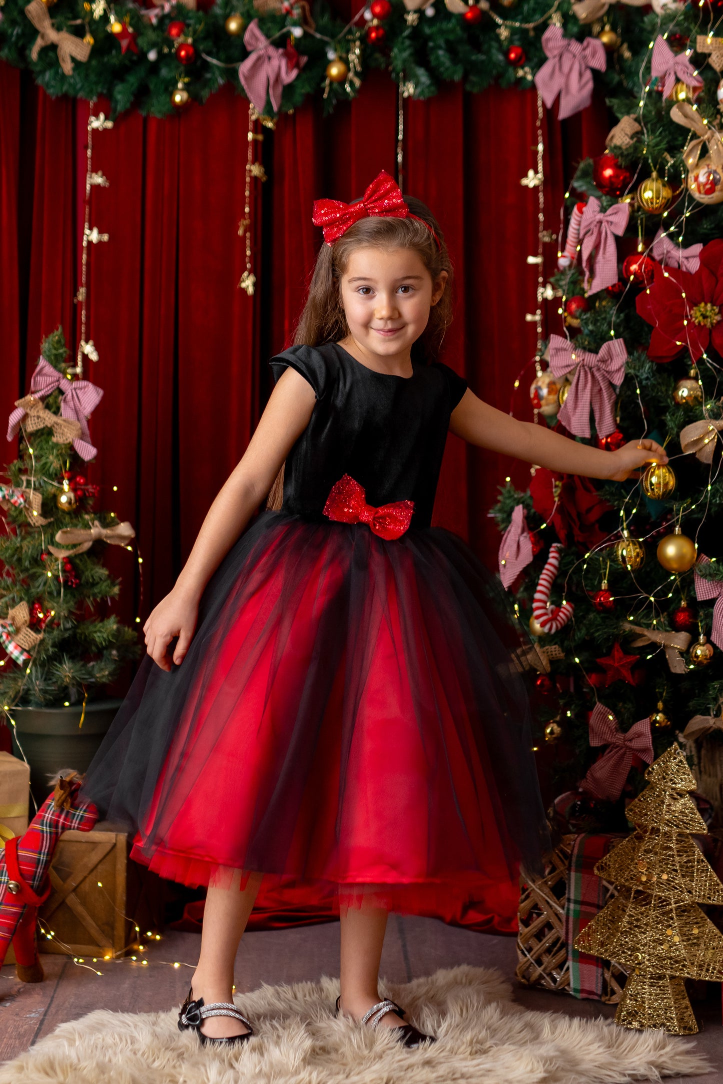 Red and Black Sparkly Christmas Holiday Dress, Velvet Flower Girl Dress