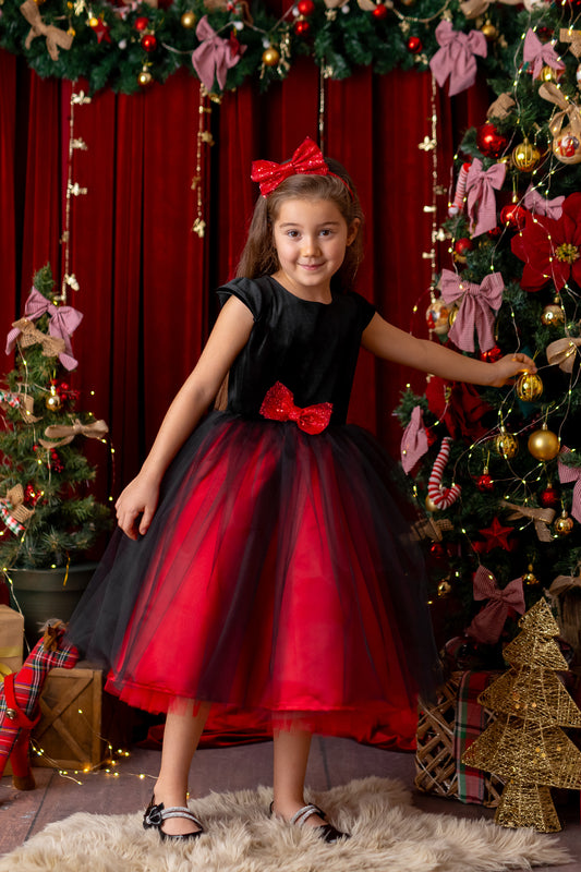 Red and Black Sparkly Christmas Holiday Dress, Velvet Flower Girl Dress