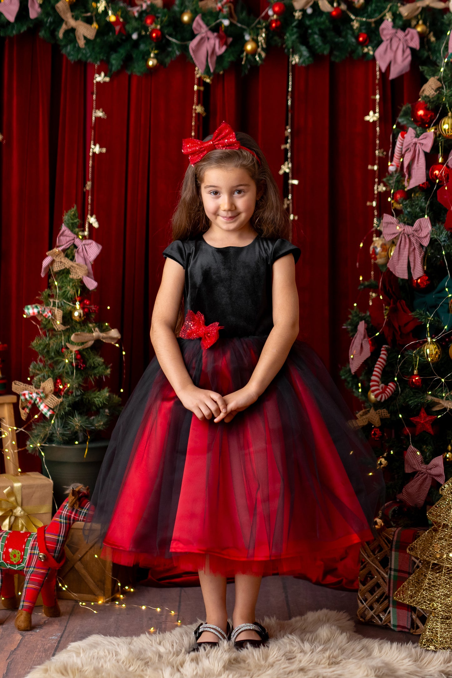 Red and Black Sparkly Christmas Holiday Dress, Velvet Flower Girl Dress