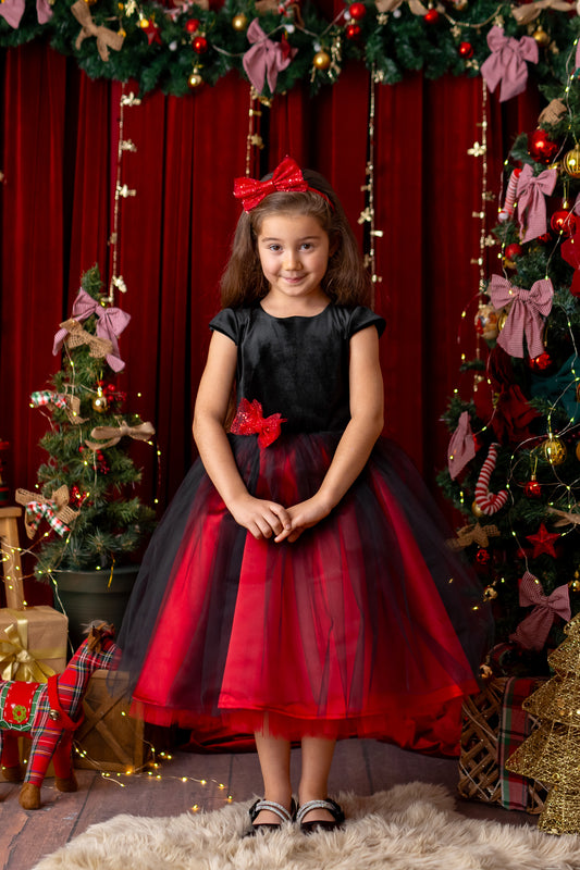 Red and Black Sparkly Christmas Holiday Dress, Velvet Flower Girl Dress
