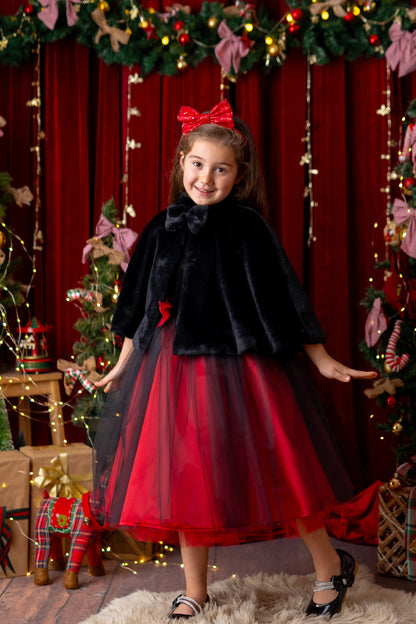 Red and Black Sparkly Christmas Holiday Dress, Velvet Flower Girl Dress