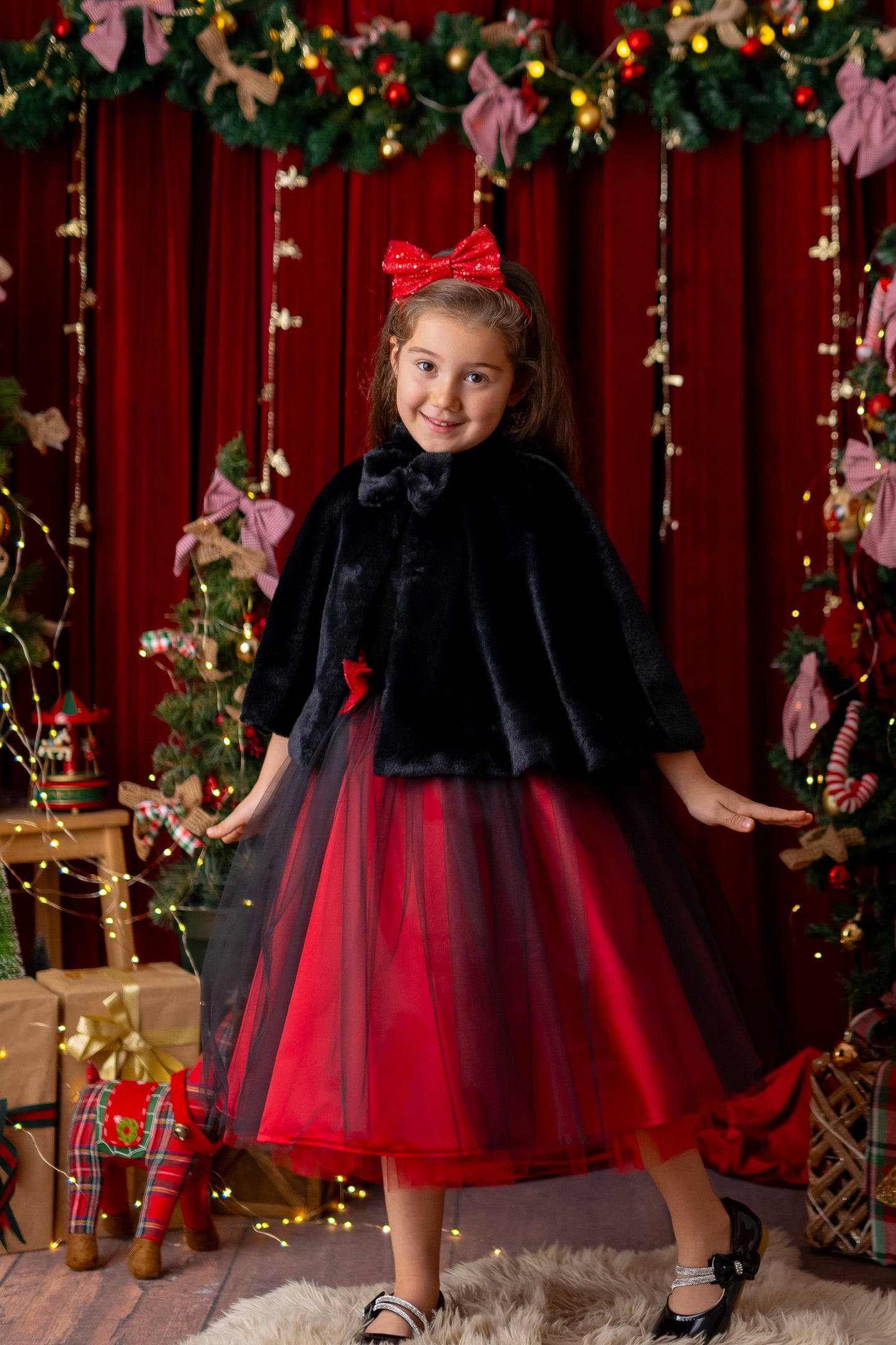 Red and Black Sparkly Christmas Holiday Dress, Velvet Flower Girl Dress