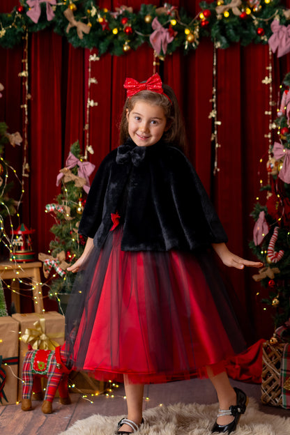 Red and Black Sparkly Christmas Holiday Dress, Velvet Flower Girl Dress