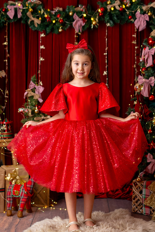 Red Satin Flower Girl Dress, Sparkly Christmas Holiday Dress